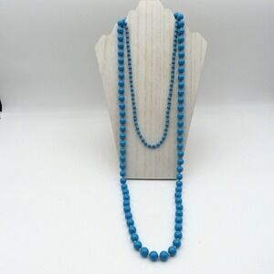 Vintage Hong Kong 24" Blue Beaded Necklace With Gold Tone Accents
